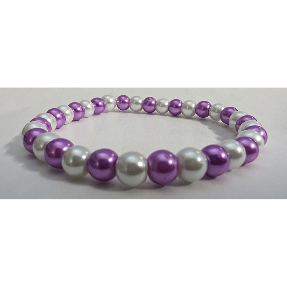 Lt Purple White Faux Pearl Bracelet Beaded Stretch Handmade Classic Jewelry Gift
